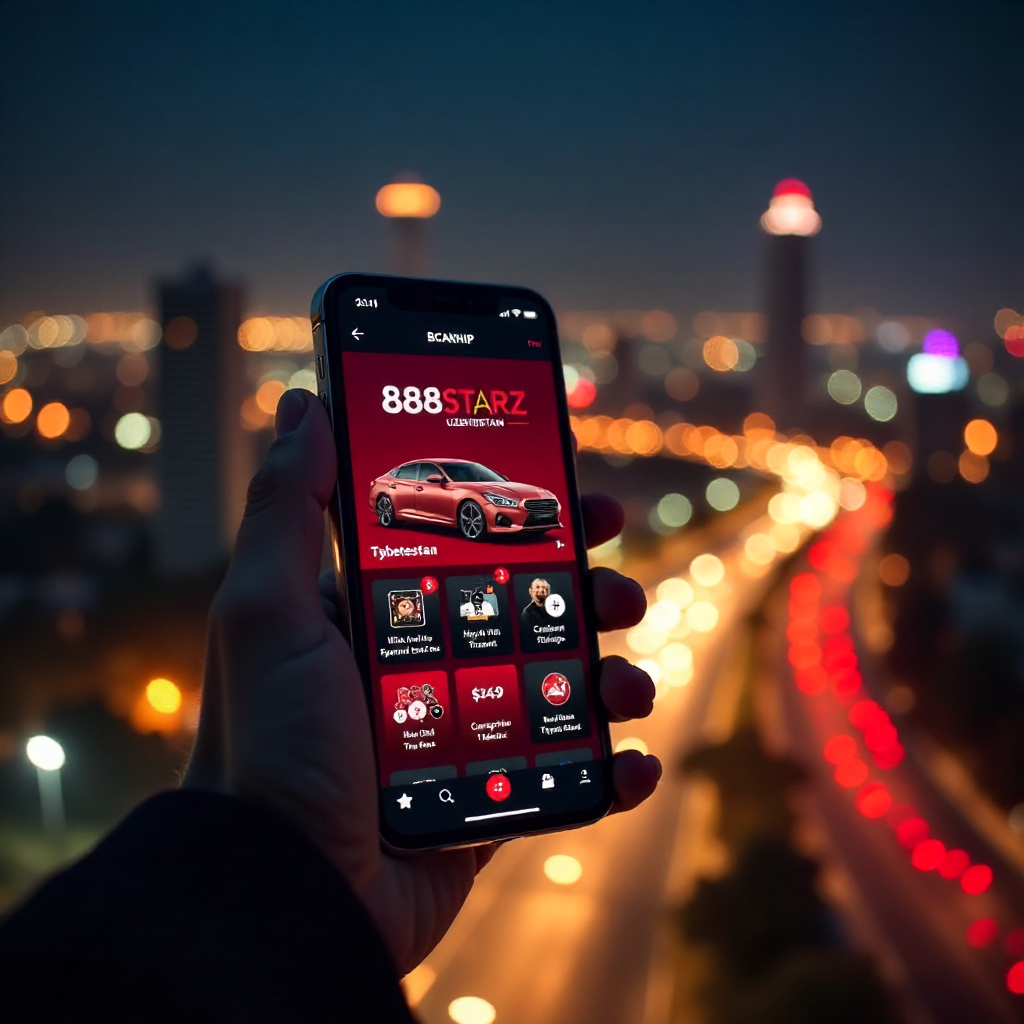 A hand holding a luxury smartphone displaying the official 888starz Uzbekistan app with a sleek red and black interface, background is the Tashkent City skyline with the Hilton and Nest One towers at night, vibrant golden and red bokeh lights, 3D golden c